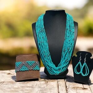 Turquoise Beaded Necklace, Bracelet and Earring Set